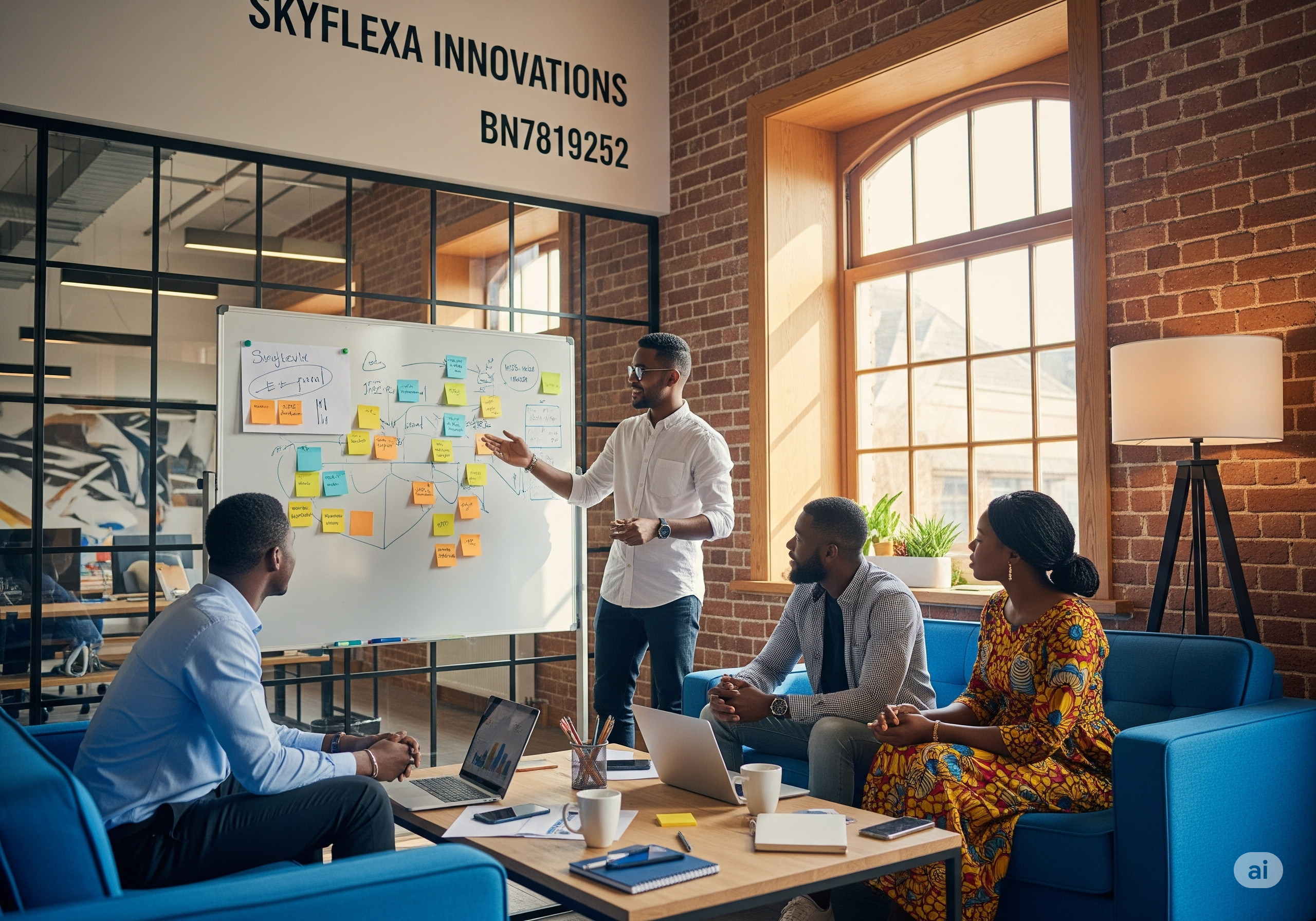 An image of a person standing and presenting a whiteboard in a room with Skyflexa innovations above and they are well seated and listening to him
